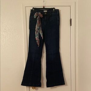 Altar'd State Dark Blue Flare Jeans with Patterned Scarf